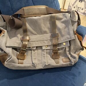 Lifewit Messenger Bag Gray Canvas Brown Leather‎ Satchel Cross Body Shoulder
